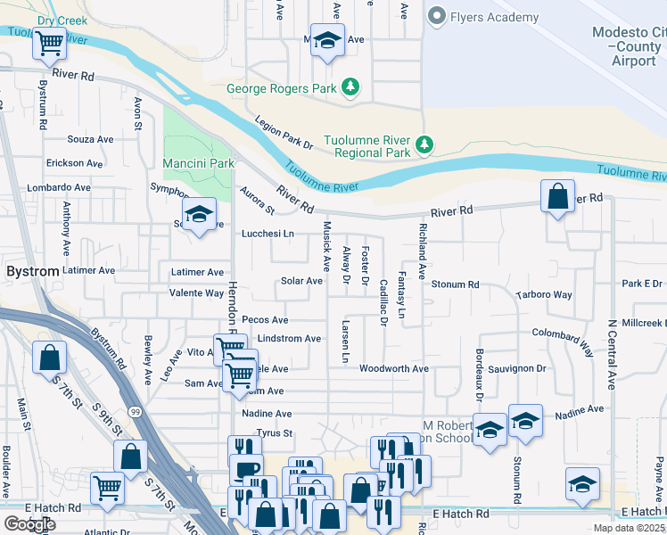 map of restaurants, bars, coffee shops, grocery stores, and more near 740 Musick Avenue in Modesto
