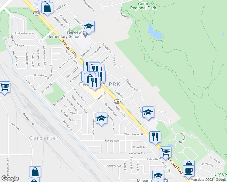 map of restaurants, bars, coffee shops, grocery stores, and more near 31355 Hugh Way in Hayward