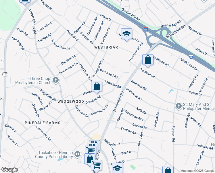 map of restaurants, bars, coffee shops, grocery stores, and more near 2011 Murdoch Road in Henrico