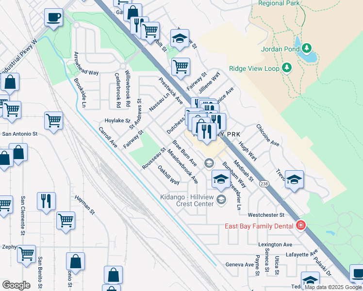 map of restaurants, bars, coffee shops, grocery stores, and more near 31056 Brae Burn Avenue in Hayward