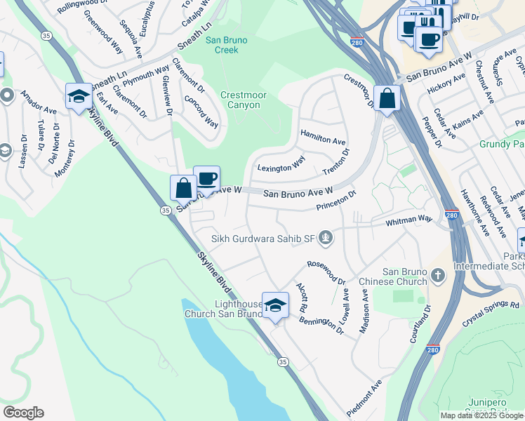 map of restaurants, bars, coffee shops, grocery stores, and more near 2551 Princeton Drive in San Bruno
