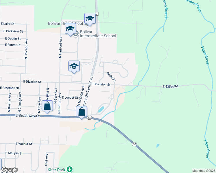 map of restaurants, bars, coffee shops, grocery stores, and more near 1900 East Division Street in Bolivar