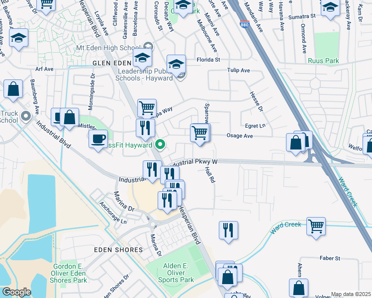 map of restaurants, bars, coffee shops, grocery stores, and more near 28436 Satellite St in Hayward