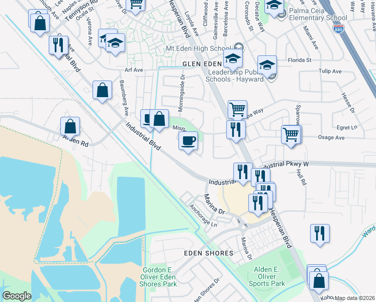 map of restaurants, bars, coffee shops, grocery stores, and more near 2438 Hibiscus Drive in Hayward