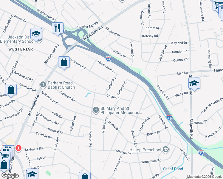 map of restaurants, bars, coffee shops, grocery stores, and more near 2311 Adelphi Road in Richmond
