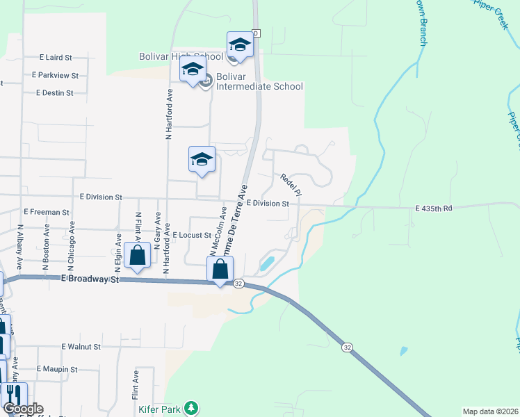 map of restaurants, bars, coffee shops, grocery stores, and more near 2761 West Broadway Street in Bolivar