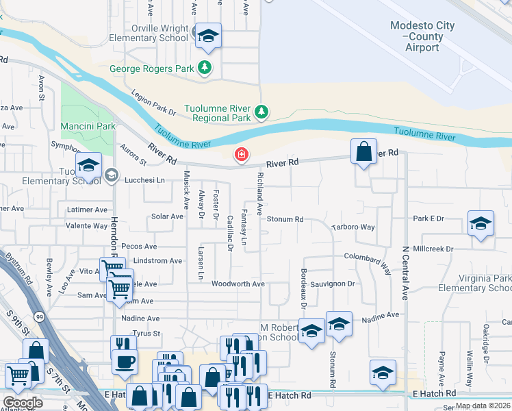 map of restaurants, bars, coffee shops, grocery stores, and more near 1644 Magic Lane in Modesto