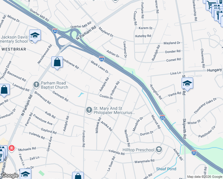 map of restaurants, bars, coffee shops, grocery stores, and more near 2404 Vollmer Road in Richmond
