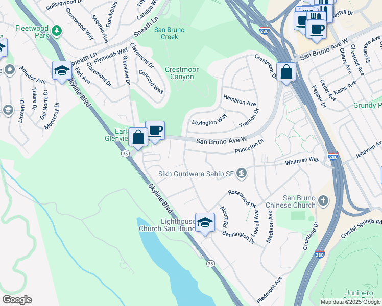 map of restaurants, bars, coffee shops, grocery stores, and more near 2571 Princeton Drive in San Bruno