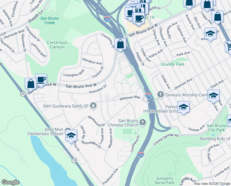 map of restaurants, bars, coffee shops, grocery stores, and more near 7246 Shelter Creek Lane in San Bruno