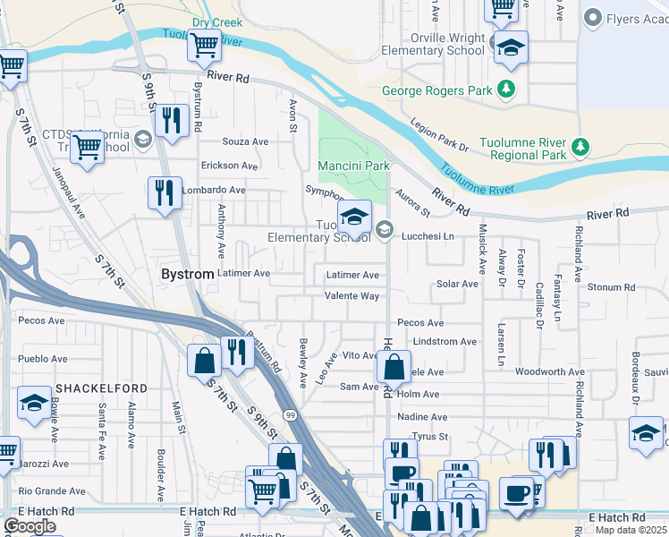 map of restaurants, bars, coffee shops, grocery stores, and more near 1105 Latimer Avenue in Modesto