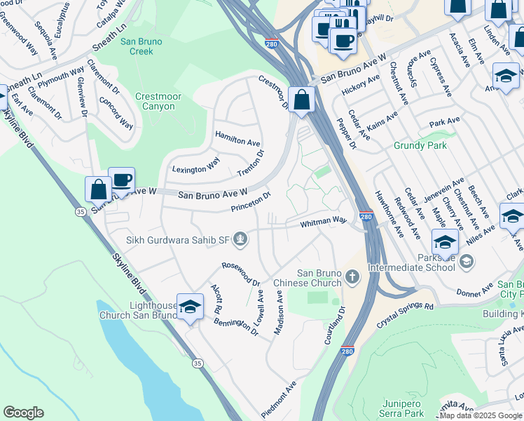 map of restaurants, bars, coffee shops, grocery stores, and more near 580 Madison Avenue in San Bruno