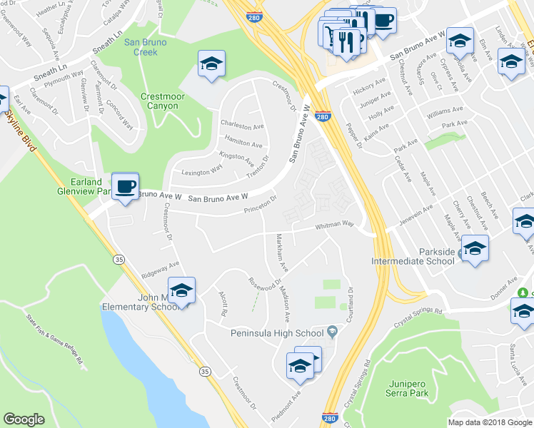 map of restaurants, bars, coffee shops, grocery stores, and more near 580 Madison Avenue in San Bruno