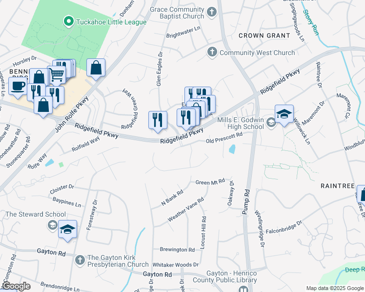 map of restaurants, bars, coffee shops, grocery stores, and more near 10835 Old Prescott Road in Henrico