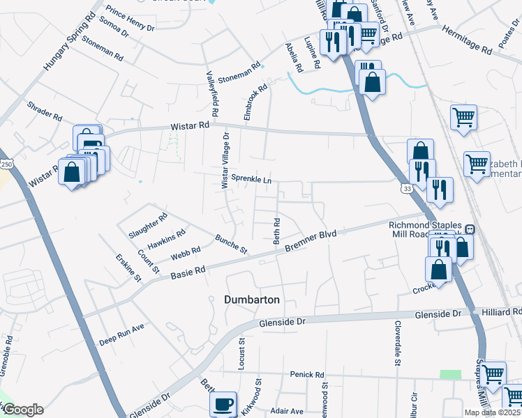 map of restaurants, bars, coffee shops, grocery stores, and more near 4401 Sprenkle Lane in Henrico