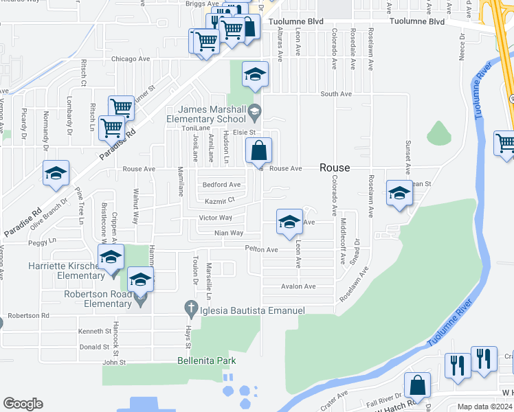 map of restaurants, bars, coffee shops, grocery stores, and more near 808 Clementa Way in Modesto