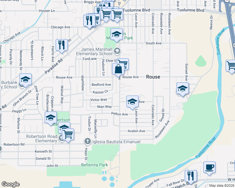 map of restaurants, bars, coffee shops, grocery stores, and more near 800 Sutter Avenue in Modesto