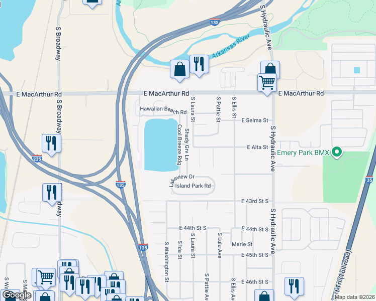 map of restaurants, bars, coffee shops, grocery stores, and more near 119 Shady Grove Lane in Wichita