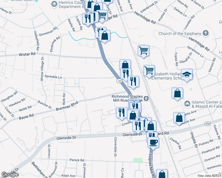 map of restaurants, bars, coffee shops, grocery stores, and more near 4101 Balmoral Avenue in Richmond