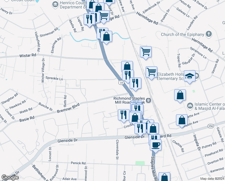 map of restaurants, bars, coffee shops, grocery stores, and more near 4101 Balmoral Avenue in Richmond
