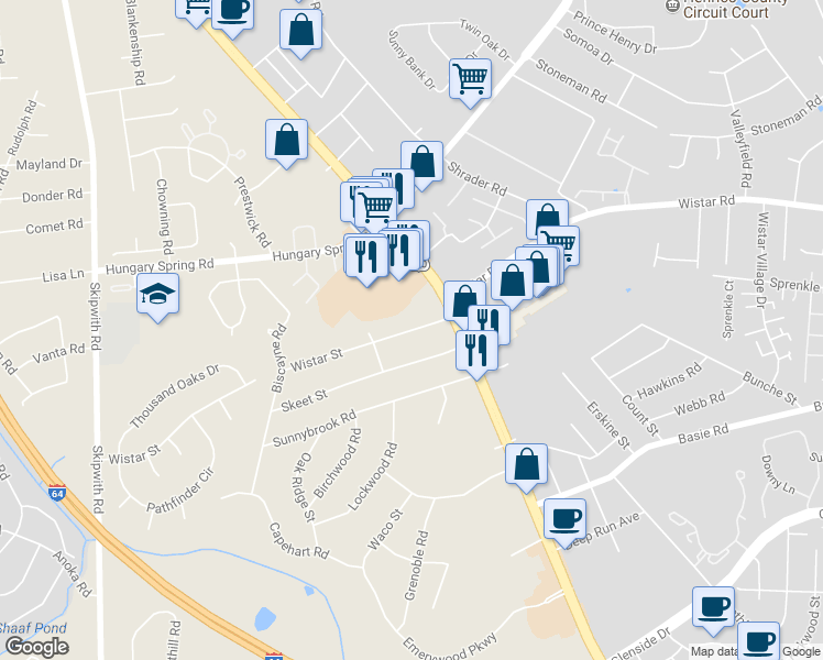 map of restaurants, bars, coffee shops, grocery stores, and more near 2615 Wistar Street in Henrico
