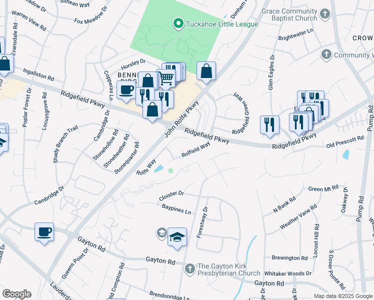 map of restaurants, bars, coffee shops, grocery stores, and more near 10801 Virginia Way Court in Henrico