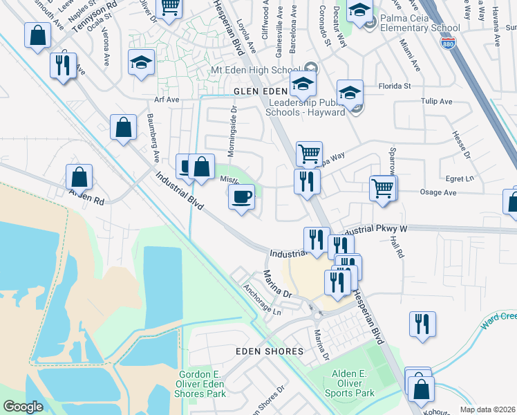 map of restaurants, bars, coffee shops, grocery stores, and more near 28339 Cabrini Drive in Hayward