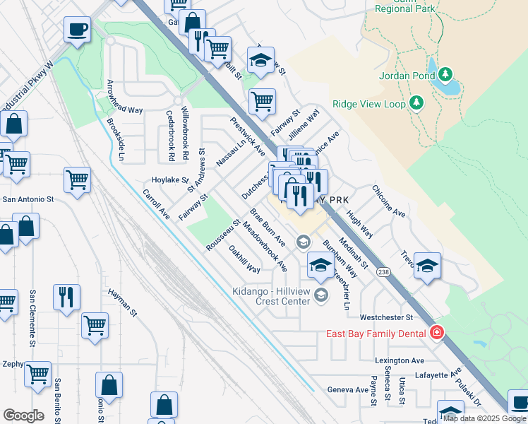 map of restaurants, bars, coffee shops, grocery stores, and more near 31056 Brae Burn Avenue in Hayward
