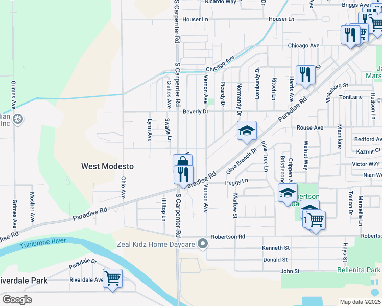 map of restaurants, bars, coffee shops, grocery stores, and more near 1616 Victoria Drive in Modesto