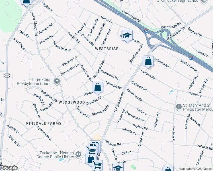 map of restaurants, bars, coffee shops, grocery stores, and more near 2011 Murdoch Road in Henrico
