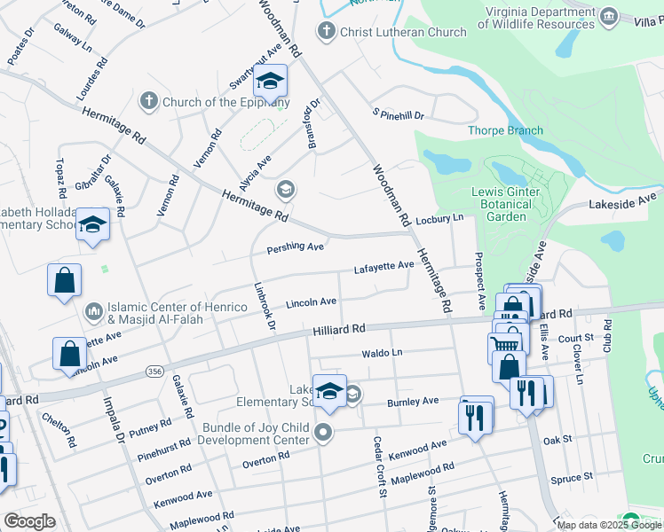 map of restaurants, bars, coffee shops, grocery stores, and more near 2600 Lafayette Avenue in Richmond