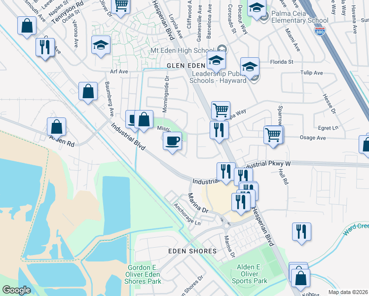 map of restaurants, bars, coffee shops, grocery stores, and more near 28339 Cabrini Drive in Hayward