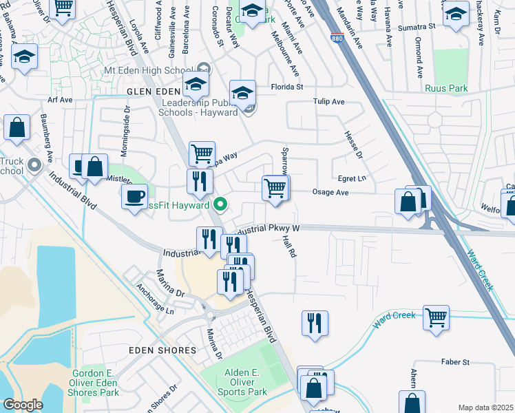 map of restaurants, bars, coffee shops, grocery stores, and more near 28436 Satellite Street in Hayward