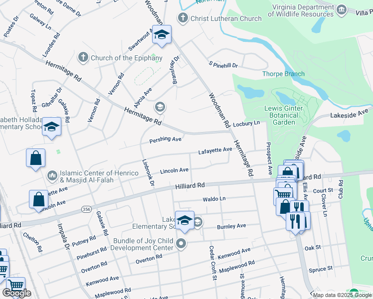 map of restaurants, bars, coffee shops, grocery stores, and more near 2600 Lafayette Avenue in Richmond