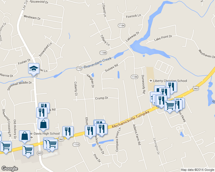 map of restaurants, bars, coffee shops, grocery stores, and more near 6780 Gardenbrook Way in Mechanicsville