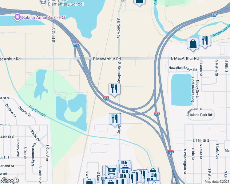 map of restaurants, bars, coffee shops, grocery stores, and more near 4209 South Broadway in Wichita