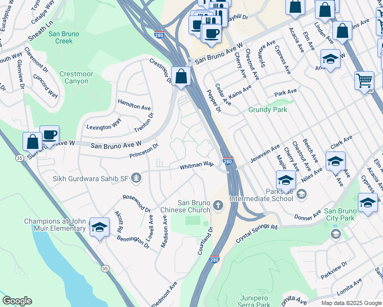 map of restaurants, bars, coffee shops, grocery stores, and more near 5123 Shelter Creek Lane in San Bruno