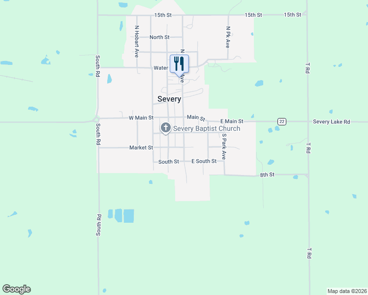 map of restaurants, bars, coffee shops, grocery stores, and more near 300 South Kansas Avenue in Severy