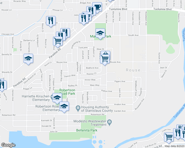 map of restaurants, bars, coffee shops, grocery stores, and more near 1609 Kazmir Court in Modesto