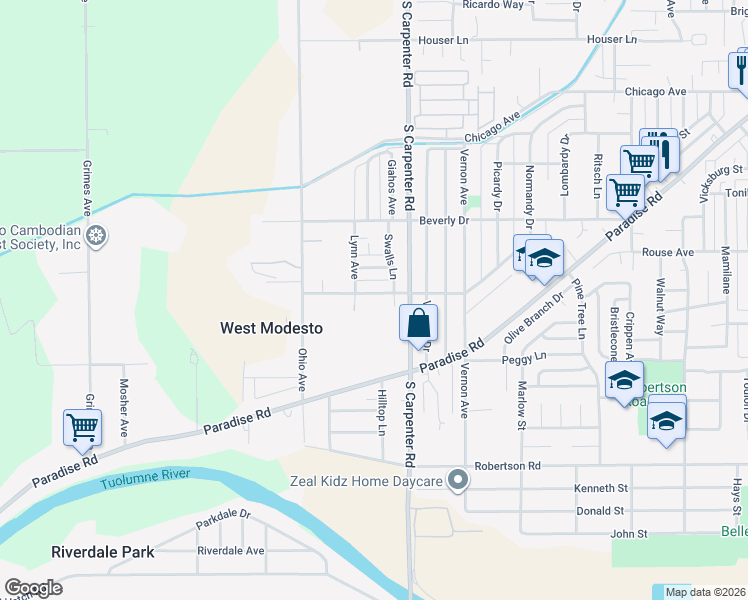 map of restaurants, bars, coffee shops, grocery stores, and more near 1614 Waverly Drive in Modesto