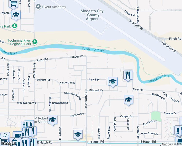 map of restaurants, bars, coffee shops, grocery stores, and more near 2204 Davis Way in Modesto