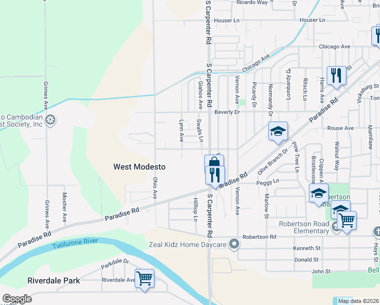 map of restaurants, bars, coffee shops, grocery stores, and more near 1614 Waverly Drive in Modesto