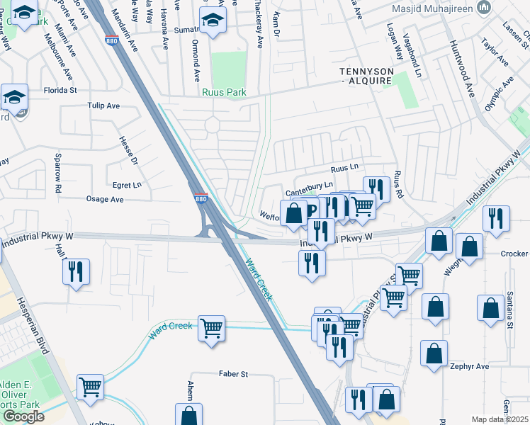 map of restaurants, bars, coffee shops, grocery stores, and more near 1844 Welford Lane in Hayward