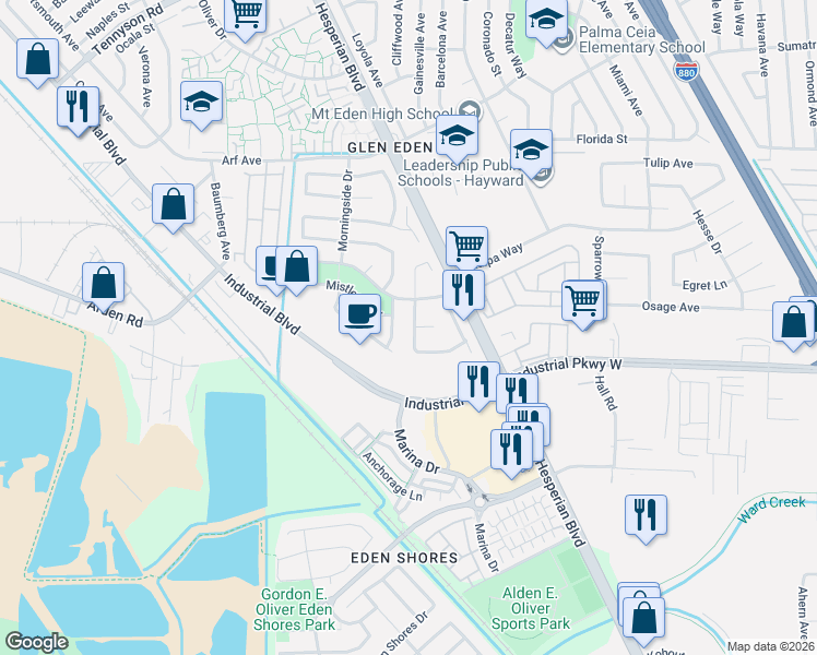 map of restaurants, bars, coffee shops, grocery stores, and more near 28360 Cabrini Drive in Hayward