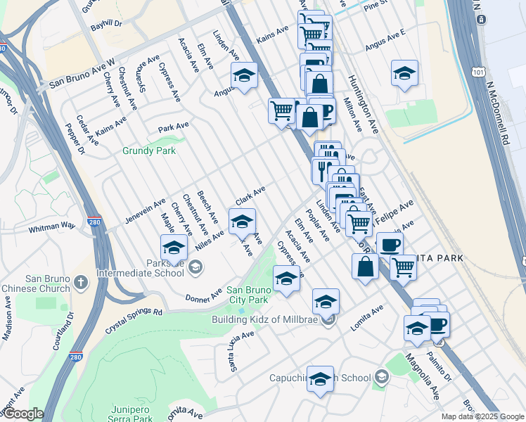 map of restaurants, bars, coffee shops, grocery stores, and more near 348 Hazel Avenue in San Bruno