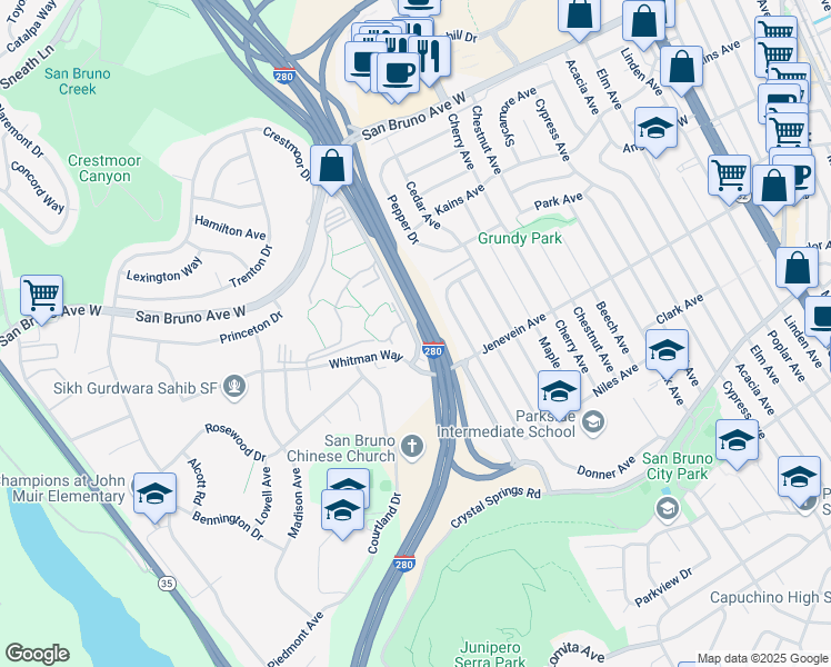 map of restaurants, bars, coffee shops, grocery stores, and more near 7213 Shelter Creek Lane in San Bruno