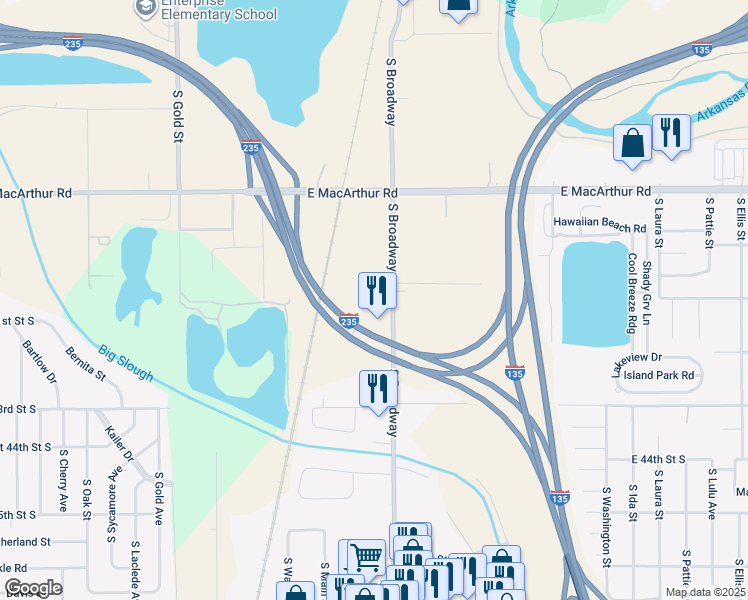 map of restaurants, bars, coffee shops, grocery stores, and more near 4209 South Broadway in Wichita