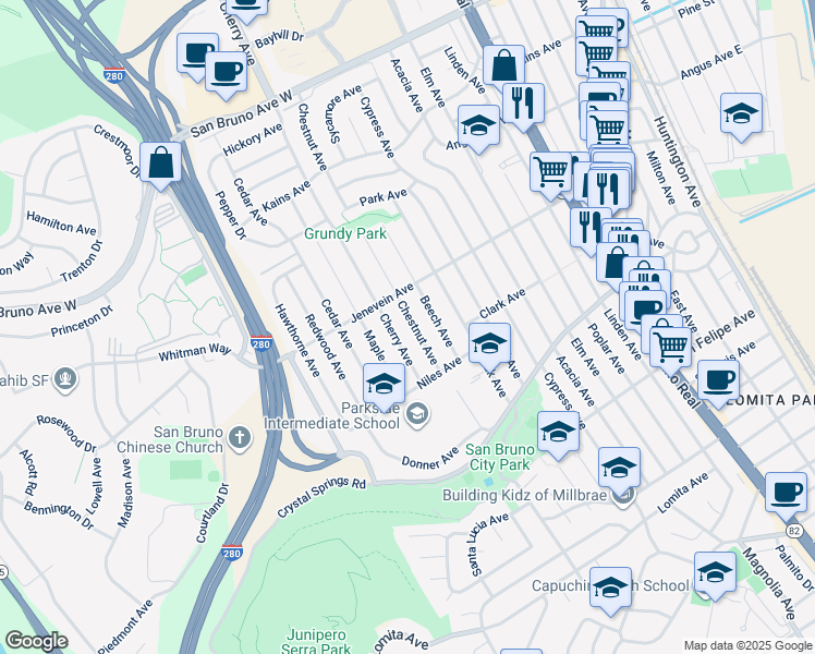 map of restaurants, bars, coffee shops, grocery stores, and more near 473 Chestnut Avenue in San Bruno