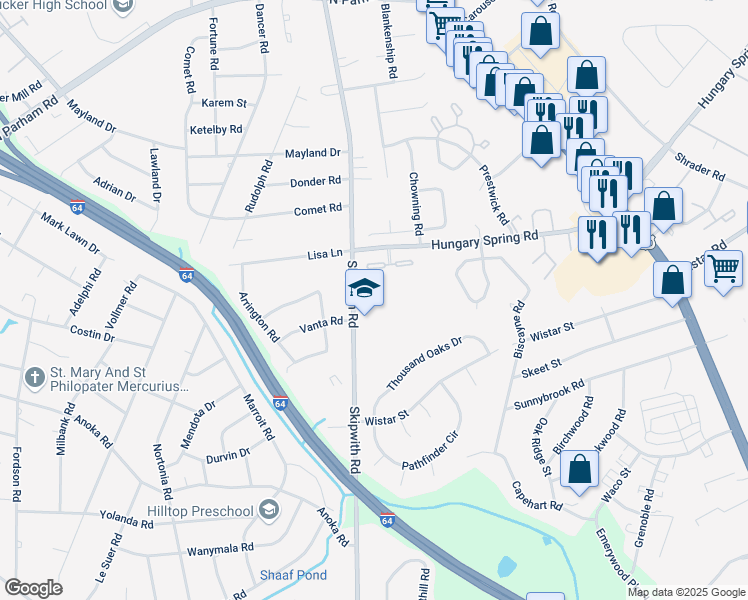 map of restaurants, bars, coffee shops, grocery stores, and more near 2401 Skipwith Road in Henrico