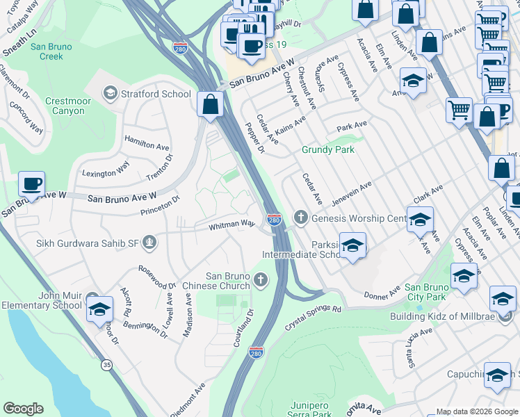 map of restaurants, bars, coffee shops, grocery stores, and more near 7213 Shelter Creek Lane in San Bruno